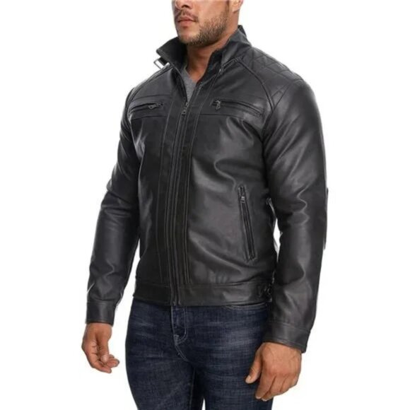 New Men’s Stand Collar Leather Jacket Coat with Zipper Pockets - Picture 2 of 8